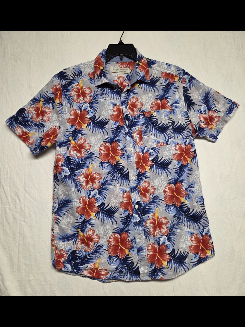 Island Republic Hawaiian Floral Tropical Button-Down Shirt with Red Hibiscus